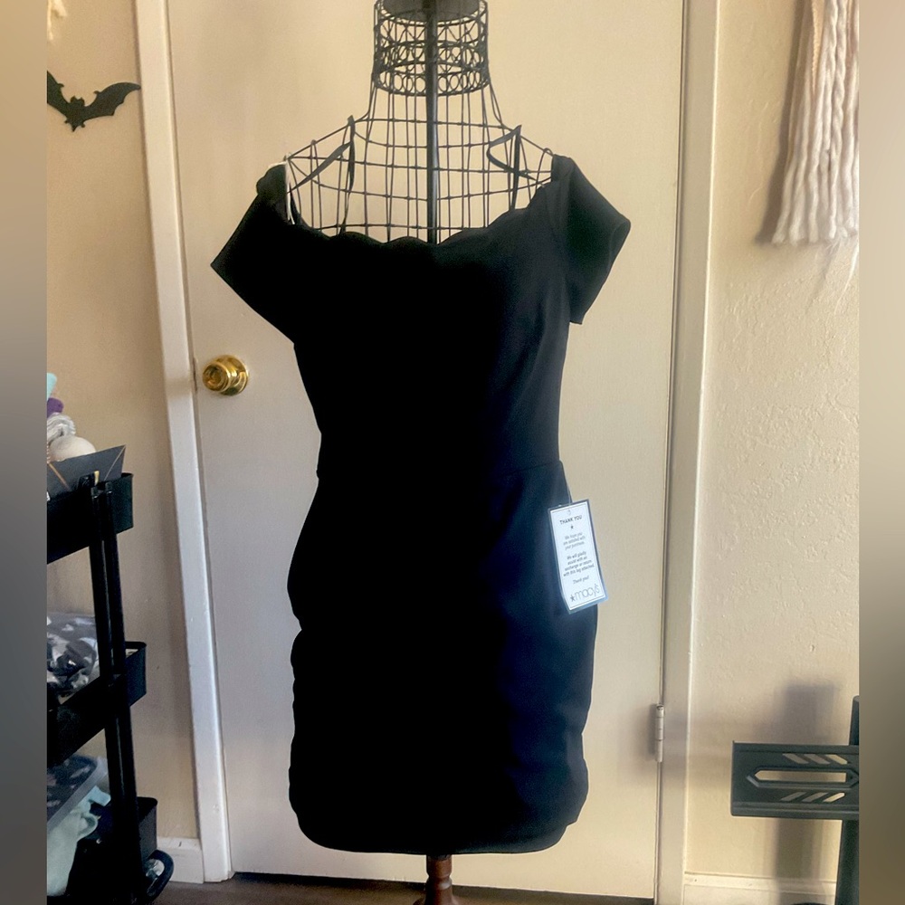 Macy's black off-shoulder cocktail dress